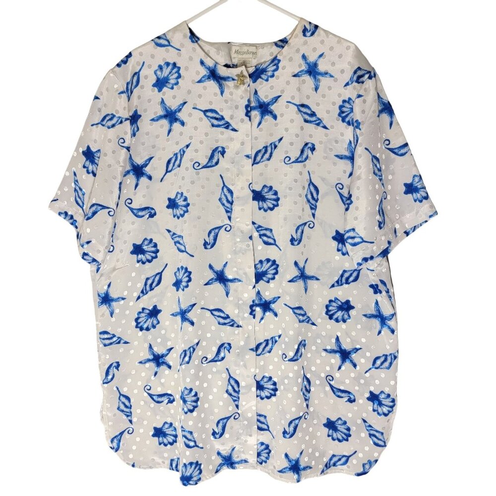 Maggie Barnes Seashell Satin Beach‎ Coverup Blue White Shell Button Size 20W